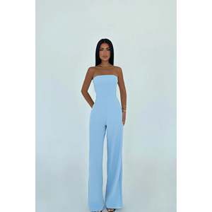 Combinaison bleue sans bretelles à taille haute avec col carré, style fitness yoga, motif imprimé formel, longueur midi pour l'été - Taille XS - Product Image 2