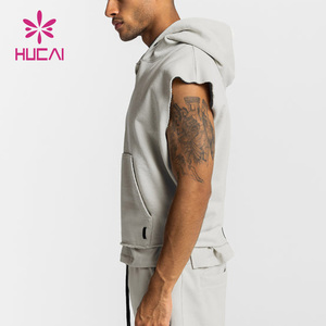 Logo personalizzato di alta qualità tasche grigie in bianco leggero semplice palestra sport Top tagliati senza maniche felpe con cappuccio per gli uomini - Product Image 6