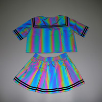 Costume deux pièces réfléchissant coloré, marin sexy, t-shirt féminin mignon, jupe plissée, uniforme scolaire de performance