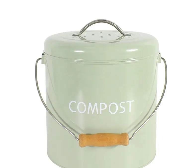 Witte Keuken Aanrecht Compostbak Hout Handvat Voedsel Composteer Emmer Met Houtskoolfilter