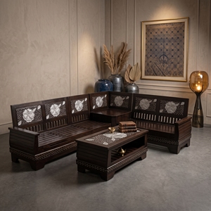 Juego de Sofá en Forma de L de Madera Tallada Tradicional con Mesa de Centro, Muebles de Salón de Madera Maciza Hechos a Mano - Product Image 2