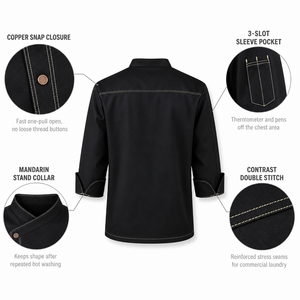 Veste de <span class=keywords><strong>chef</strong></span> en sergé polycoton avec patte de boutonnage à pression, poignets 3/4 retroussables, surpiqûres contrastées, uniforme de cuisine, logo brodé personnalisé - Product Image 4