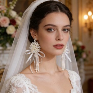 Boucles d'oreilles NianCan élégantes pour mariée, avec nœud et pompon en perles blanches, polyvalentes pour robe <span class=keywords><strong>de</strong></span> mariée, fête <span class=keywords><strong>de</strong></span> mariage, cadeaux <span class=keywords><strong>de</strong></span> fête des Mères - Product Image 2