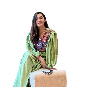 Light Green Afghan Embroidered Maxi Dress Boho Casual Long Sleeve Ethnic Women Fashion Party Wear - Product Image 1