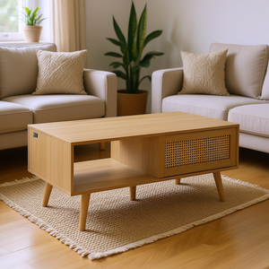 Tavolino da Caffè in Rattan Stile Boho Moderno 42 Pollici con Struttura in Legno e Due Ripiani Portaoggetti per Soggiorno - Product Image 2