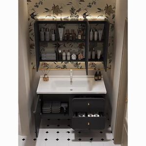 New Smart Modern Retro Bathroom <b>Vanity</b> Cabinet with Ceramic Basin Water Resistant MDF Lacquer Finish LED Touch Illuminate <b>Mirror</b> - Product Image 2