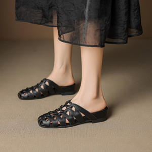 Sandales mules ajourées tissées pour femmes, à bout fermé, talon carré bas, respirantes, décontractées d'été - Product Image 5