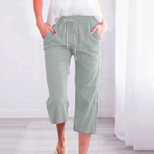   <span class=keywords><strong>Pantalon</strong></span> Capri en Coton et <span class=keywords><strong>Lin</strong></span> Satiné pour <span class=keywords><strong>Femme</strong></span>, Couleur Unie, Décontracté, Ample, Droit, avec Poches, Respirant – Collection Été 2025 - Product Image 3