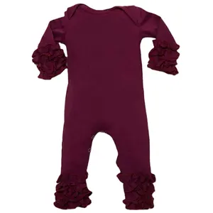 Wholesale Blank Baby Clothes Romper Kids Long Sleeve Onesie Bodysuit Wine Baby Girl Triple Ruffle Icing Romper