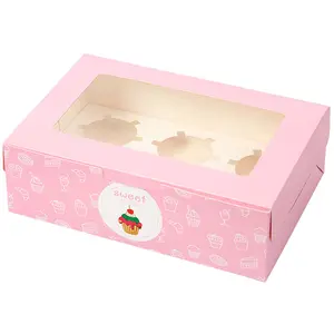 2024 New customized logo Kraft Paper Cake Box 2 4 6 Holes transparent plastic cover cupcakes boxes