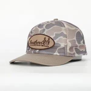 Oem Custom High Quality 6 Panel Embroidery Patch Logo Full Mesh Pre Curved Camo Trucker Cap Hat