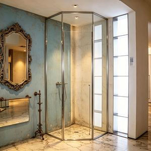 Cabina de <span class=keywords><strong>Ducha</strong></span> con Forma de Diamante OEM, Puerta de Vidrio Templado, Marco de Acero Inoxidable, Puerta Corredera Abatible para Uso en Hoteles - Product Image 2