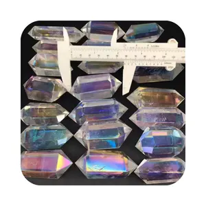 Varinhas duplas com ponta aura, quartzo natural transparente para decoração de fengshui, ponto de cura para presente, pedra preciosa