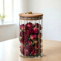 Pot en verre borosilicate rayé avec couvercle à anneau en cuivre et bouchon en bois pour café, graines de melon, noix, écorces de mandarine, feuilles de thé, colle de poisson