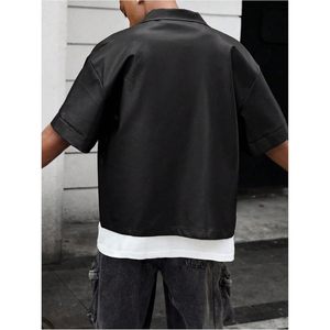 Chaqueta de Hombre de Cuero PU con Botones, Manga Corta, Cuello Camisero, Estilo Urbano, Ropa de Verano - Product Image 2