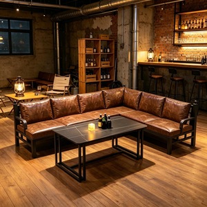 Conjunto de Sofás de Cuero PU Marrón Vintage para Restaurante, Mesa de Comedor de Metal Negro, Muebles de Comedor para <span class=keywords><strong>Bistro</strong></span>, Bar, Cafetería - Product Image 5