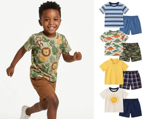 Tenues en coton pour enfants, 2 pièces, t-shirt et short, imprimé dinosaure jungle, vêtements d'été pour garçons et filles, vêtements pour enfants - Product Image 1