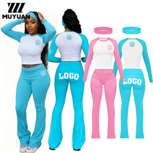 เสื้อแขนยาวสีบล็อกและกางเกงทรงบานแบบพับได้ ชุดลำลองสำหรับผู้หญิงพร้อมที่คาดผมเพื่อความสบายที่บ้านในฤดูหนาว - Product Image 1