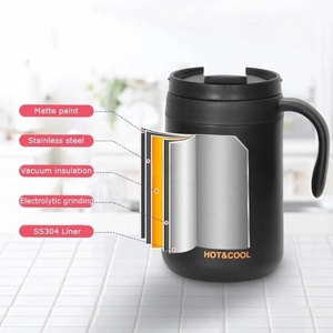 Mug à café isotherme en acier inoxydable 304 à double paroi pour les voyages en plein air, le bureau, avec poignée, couleur noire, 350 ml, 500 ml - Product Image 2