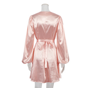Elegante Abito da Donna al Ginocchio, Colore Nude, Raso Opaco Setoso, Scollo <span class=keywords><strong>a</strong></span> V, Maniche Lunghe <span class=keywords><strong>a</strong></span> <span class=keywords><strong>Palloncino</strong></span>, <span class=keywords><strong>Vestito</strong></span> Vintage <span class=keywords><strong>a</strong></span> Linea <span class=keywords><strong>A</strong></span> - Product Image 4