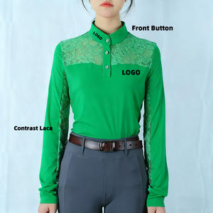 Camisa de equitación verde de manga larga para mujer, blusa ecuestre de encaje, camisa de competición ecuestre con cuello alto de malla - Product Image 1
