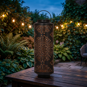 Linterna cilíndrica de metal con asa, diseño marroquí con mandala recortado, portavelas para decoración del hogar. - Product Image 1