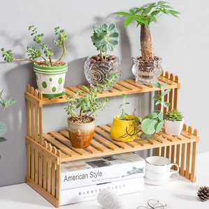 Bamboo Plant <b>Shelf</b> 2 Tier Desktop Organizer <b>Rustic</b> Ladder Indoor Multi Plant Stand Standing Type Rectangle Eco Friendly - Product Image 2
