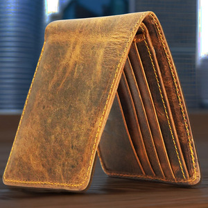 Portefeuille homme rétro en cuir Crazy Horse 6 pouces, bifold, en cuir véritable, décontracté, usage quotidien, couleur unie, printemps 2025 - Product Image 2