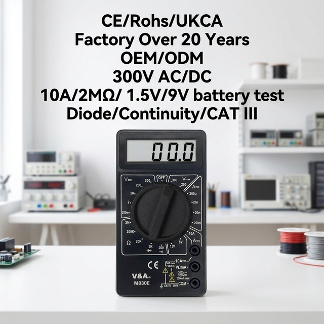 V&A M830E Manual Range Mini Pocket Size Digital Battery Tester 9V Voltmeter Ammeter Multimeter LCD Display 10A Fused CATIII