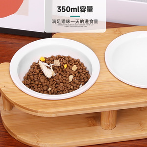 Support de gamelle pour chat en bambou, double gamelle en céramique anti-renversement pour nourriture et eau, pour chats et chatons, forme ovale - Product Image 3