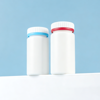 Bouteille de complément alimentaire en HDPE blanc, avec fermeture côtelée bleue et rouge, forme ronde, récipient vide pour le stockage de comprimés et de capsules