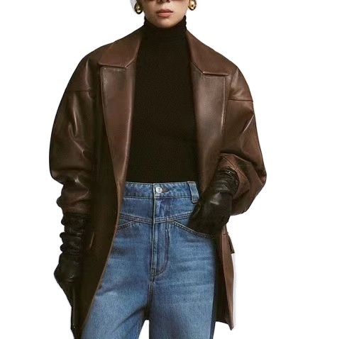 New Trendy Women's Long Leather Coat Long Sleeves Pocket Solid Color Real Sheep Leather Coat Womans