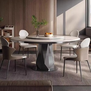 Modern Minimalist Round Stone Slab <b>Dining</b> <b>Table</b> With Turntable Rotatable Feature For <b>Dining</b> Room - Product Image 3