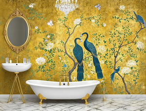 <span class=keywords><strong>Carta</strong></span> <span class=keywords><strong>da</strong></span> <span class=keywords><strong>Parati</strong></span> in Tessuto di Seta con Motivi Floreali e <span class=keywords><strong>Uccelli</strong></span> Dorati per Camera <span class=keywords><strong>da</strong></span> Letto e Soggiorno, Murale Botanico Grande su Misura - Product Image 2
