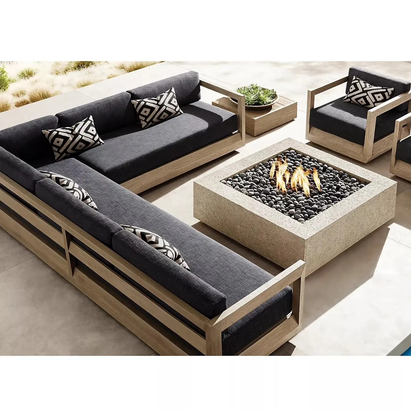 China Hot Selling L-Vorm Sectionele Patio Teakhouten Bank Tuinmeubilair Tuinbanken Set