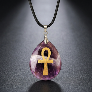 Amethyst Natural Stones Engraved Ankh Cross Pendant Necklace Women Cross Orthodox Reiki Gift Egyptian Style Religious Jewelry - Product Image 3