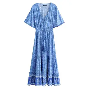 De las mujeres de la moda vestido de verano con cuello en V profundo de manga corta azul Casual vestido largo