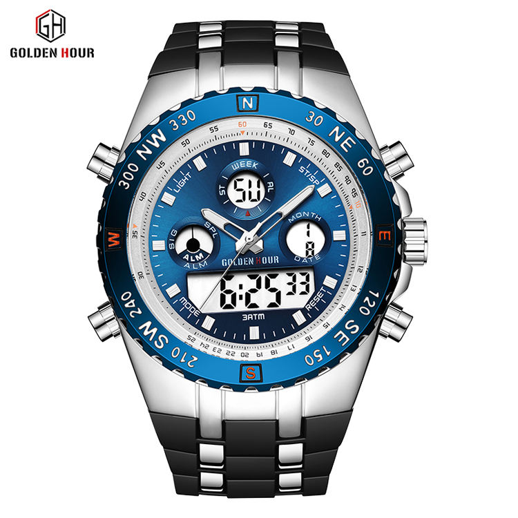 Golden Hour 124 Big Men Watch Analog Quartz Digital Wrist Watch Week  Calendar Display Stainless Steel Reloj Sport Watch