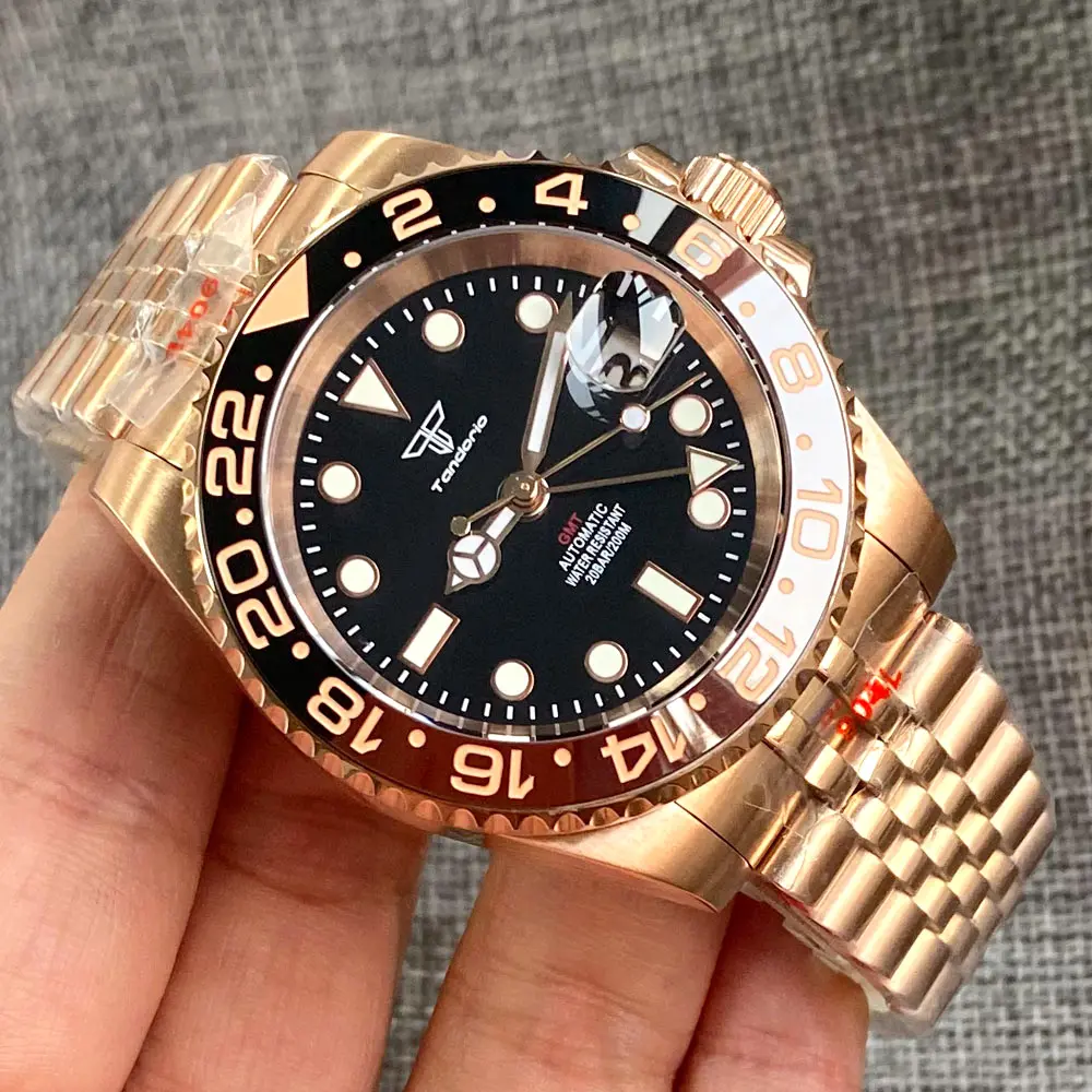 Tandorio Rose Gold NH34 GMT Jam Tangan Mekanik Pria Jam Menyelam 904L Gelang 120 Klik Bezel Travel Jam Relogio Masculino