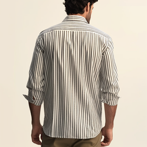 Camisa a Rayas de Manga Larga, Cuello Polo, Cómoda y Holgada, de Lino y Algodón para Hombre, Nueva Colección Primavera-Otoño - Product Image 4