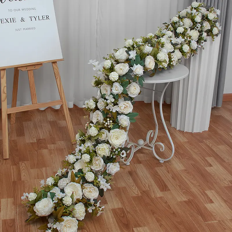 S02509 decorazioni per eventi fiori artificiali rose white Floral runner navata centrotavola per matrimoni e decorazioni per la tavola runner per fiori