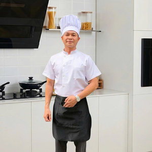 Veste de chef en gros à manches courtes, blanche avec bordure noire, facile à nettoyer, anti-graisse, uniforme pour la cuisine, la restauration et le service alimentaire - Product Image 3