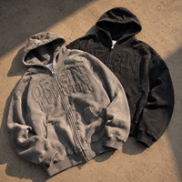 Sweat à capuche zippé épais pour homme, en molleton délavé, style streetwear ample et oversize, avec patchwork d'étoiles effet usé