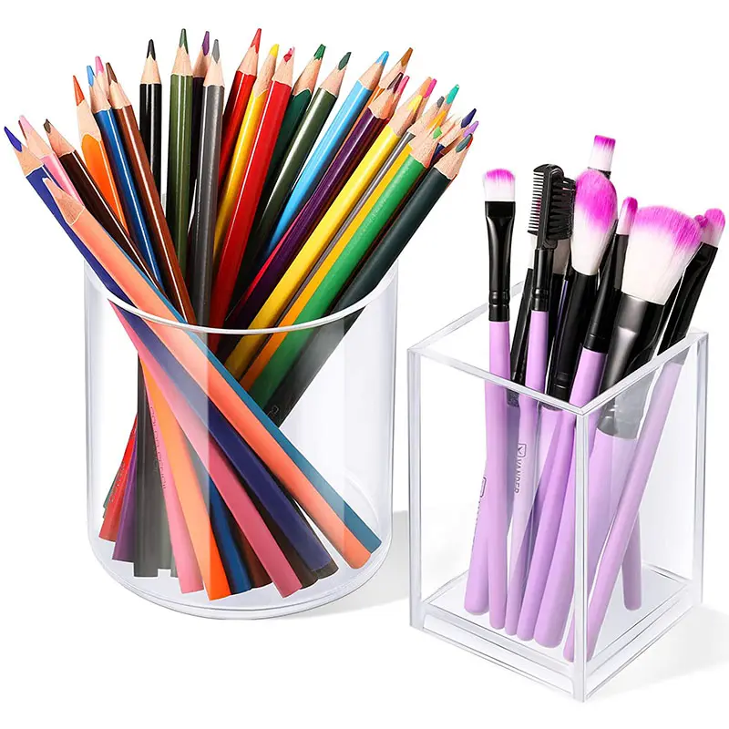 Şeffaf akrilik kalem tutucu şeffaf kare ve yuvarlak kalem bardak masaüstü makyaj fırçası depolama organizatör kalem konteyner