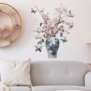 Autocollants muraux vintage en forme de vase chinois avec fleurs, décoration murale pour chambre à coucher, salon, décoration de la maison, papier peint auto-adhésif - Product Image 6