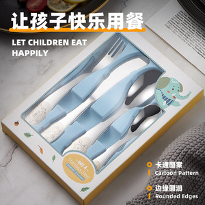 Vaisselle pour enfants en acier inoxydable 304, cuillère à manger pour bébé à motif de dessin animé, cuillère à dessert, couteau et fourchette, ensemble cadeau - Product Image 4