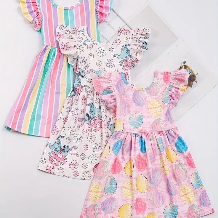 Gaun lengan getar bayi perempuan, gaun pesta musim panas balita anak perempuan 2-12 tahun bunga modis baru