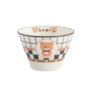 Bol à riz en céramique style mignon dessin animé motif ours à carreaux, design chapeau de paille, 5 pouces, compatible micro-ondes, anti-brûlure, épaissi, écologique - Product Image 5