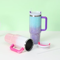 Vaso Térmico de Acero Inoxidable 304 de 40oz con Aislamiento al Vacío, Color Degradado, con Asa y Pajita, Diseño de Diamantes y Perlas