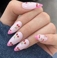 Faux Ongles à Presser Personnalisés en Gros, Longs Amande, Strass Cerise 3D, French Manucure, Couverture Complète, Brillants, pour Nail Art